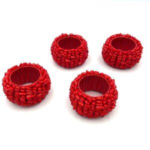 4 Napkin Rings. Red Seed Beads Beaded Christmas Holiday Party